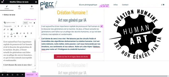 écran wordpress et elementor de mon site pierrem digital artist